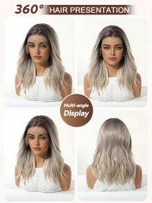 16-Inch Long Ombre Medium-Length Silver Hair With Soft Waves Layered Wig Synthetic Natural Looking Wigs Lace Front Wigs 13*4 Hand Woven Lace Chemical Fiber Hair Daily Daily Imported Silk Party Wedding Music Festival Halloween Gift - Ombre - View 11