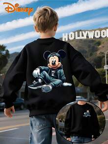 Disney Mickey Mouse Streetwear Black Crewneck Sweatshirt, Urban Casual Print, Double-Sided Design, Soft Fleece Lining, Oversized Fit,Casual Style, Perfect For Fans & Daily Outfits, Unisex - Black - View 1