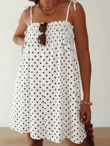 复古波点印花波西米亚风休闲褶皱松紧腰荷叶边吊带迷你连衣裙，可多种方式穿着，适合度假、夏季穿着，白色 - 白色 - 查看 11