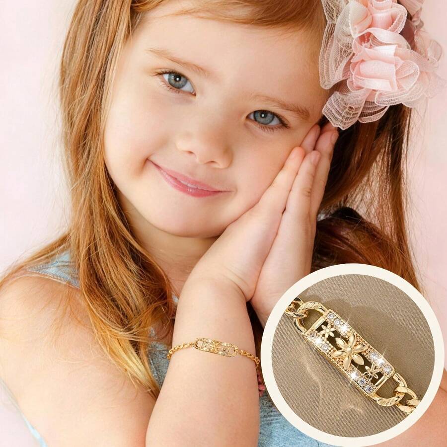 1pc Copper Inlaid Zirconia Delicate Elegant Cute Sunflower Children's Bracelet, Suitable For Girls/Boys/Family/Friends, Multifunctional, Luxury, Party, Banquet, Holiday, Christmas, Thanksgiving, Halloween, Gift - Yellow Gold - View 1