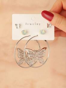 3对时尚蝴蝶耳环套装，适合日常佩戴、约会、派对等场合。 - 銀色 - 查看 6