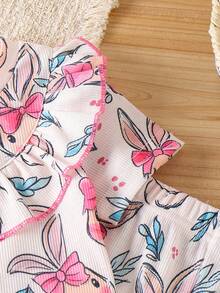 2pcs Baby Girls Cute Rabbit Graphic Round Neck Top And Casual Pants Set, Summer - Pink - View 6