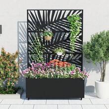 CuisinSmart Jardinera metálica con enrejado, bancal elevado con mosquitera y orificios de drenaje, ideal para plantas trepadoras, hortalizas y enredaderas. - Patrón de hoja de palma con ruedas - Ver 8