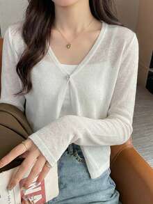 女士V领针织罩衫，夏季无袖轻薄披肩外套 - 白色 - 查看 1