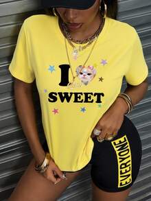 Women's T-Shirt - Add Your Text And Photos (Couple, Family, Selfie, Pet, Etc.), Choose Font And Color, Star Pattern Printing Sports Yellow Summer - Yellow - View 2