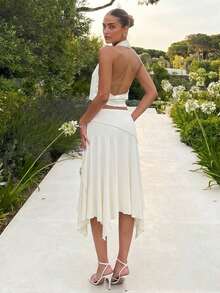 Women's Elegant High Waisted White Midi Skirt, Chic Asymmetrical Irregular Hem Flowy Skirt, Minimalist Raw Edge Detail Casual Outfits, 2026 Spring Vacation Wear - White - View 2