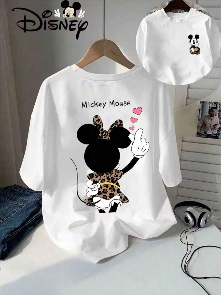 Authentic Disney Mickey Mouse Leopard Print Disney Summer New Short-Sleeved T-Shirt Shirt Men And Women Casual Fashion Printed T-Shirt Women. - White - View 1