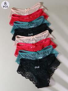 Conjunto de 8 piezas de bragas de mujer con encaje y lazo transparente - Multicolor - Ver 5