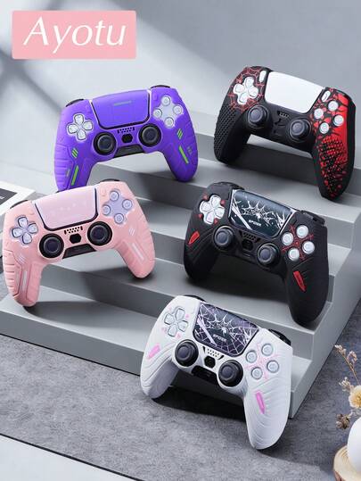 Ayotu Étui de protection en silicone pour manette PlayStation5 + set d'autocollants, compatible avec PlayStation5, manette de jeu, anti-dérapant, anti-transpiration, anti-poussière, anti-rayures, améliore la prise en main pour une meilleure expérience de jeu. Cadeau romantique pour la Saint-Valentin/Printemps, disponible en noir araignée/blanc araignée/noir/violet/rose
