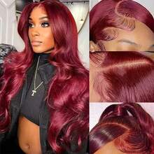 26 Inch 99J Burgundy Lace Front Wig Human Hair 13x4Transparent Lace Red 99J Colored Lace Front Wigs 99J Body Wave Lace Front Wigs Human Hair Pre Plucked Burgundy HD Lace Frontal Wig - S99J - 查看 4