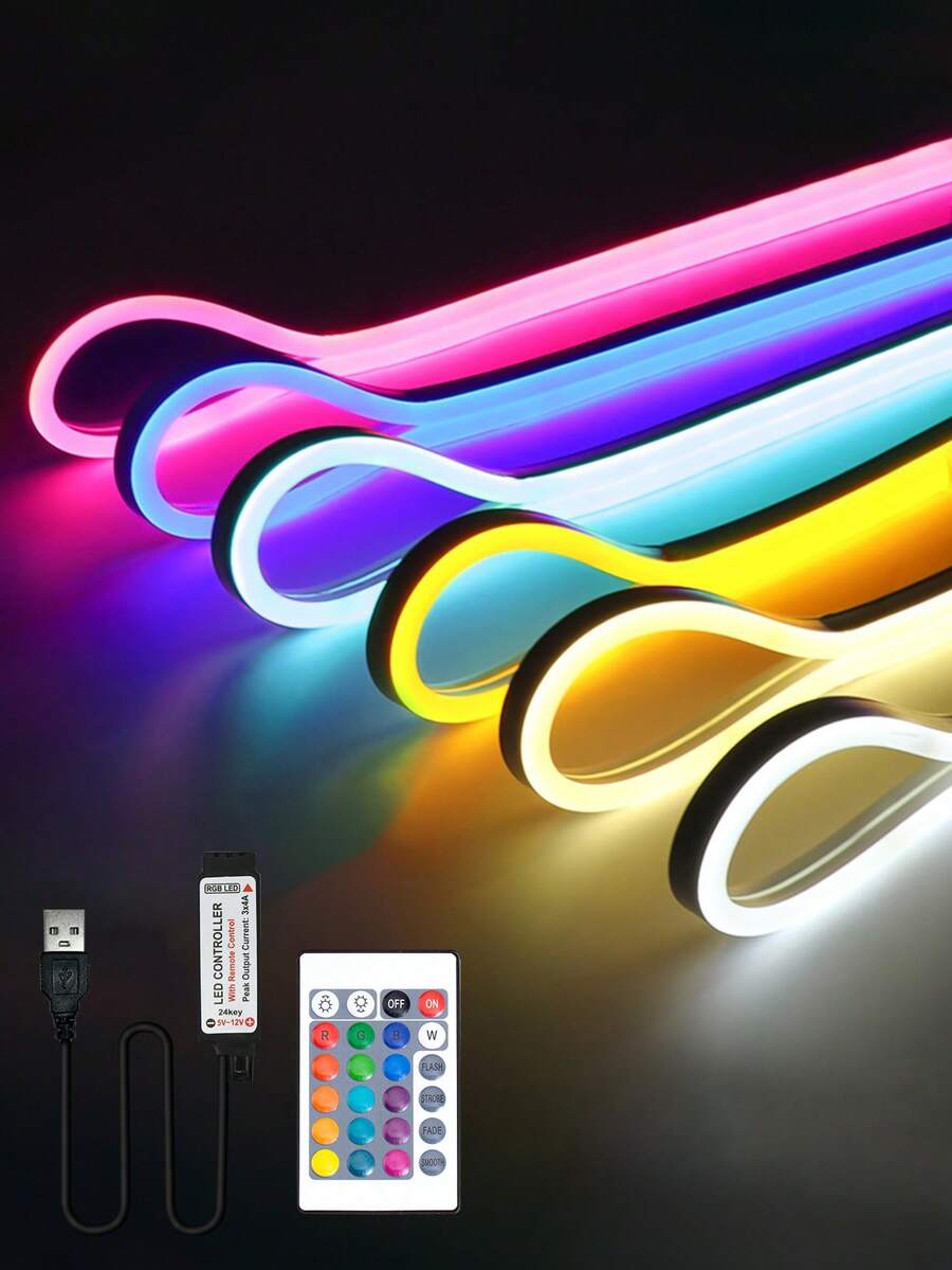 1/2/3/4/5/8/10米柔性RGB LED霓虹灯带，带遥控器，可调光，USB供电，适用于复活节、母亲节、派对装饰、厨房氛围、电视背光、化妆镜、浴室镜照明。