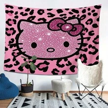 1件装 Sanrio 粉色豹纹小猫挂毯 | 可爱卡通动物美学墙面装饰艺术品，适用于客厅、卧室、宿舍，大尺寸布艺海报背景布，涤纶材质 - 彩色 - 查看 2