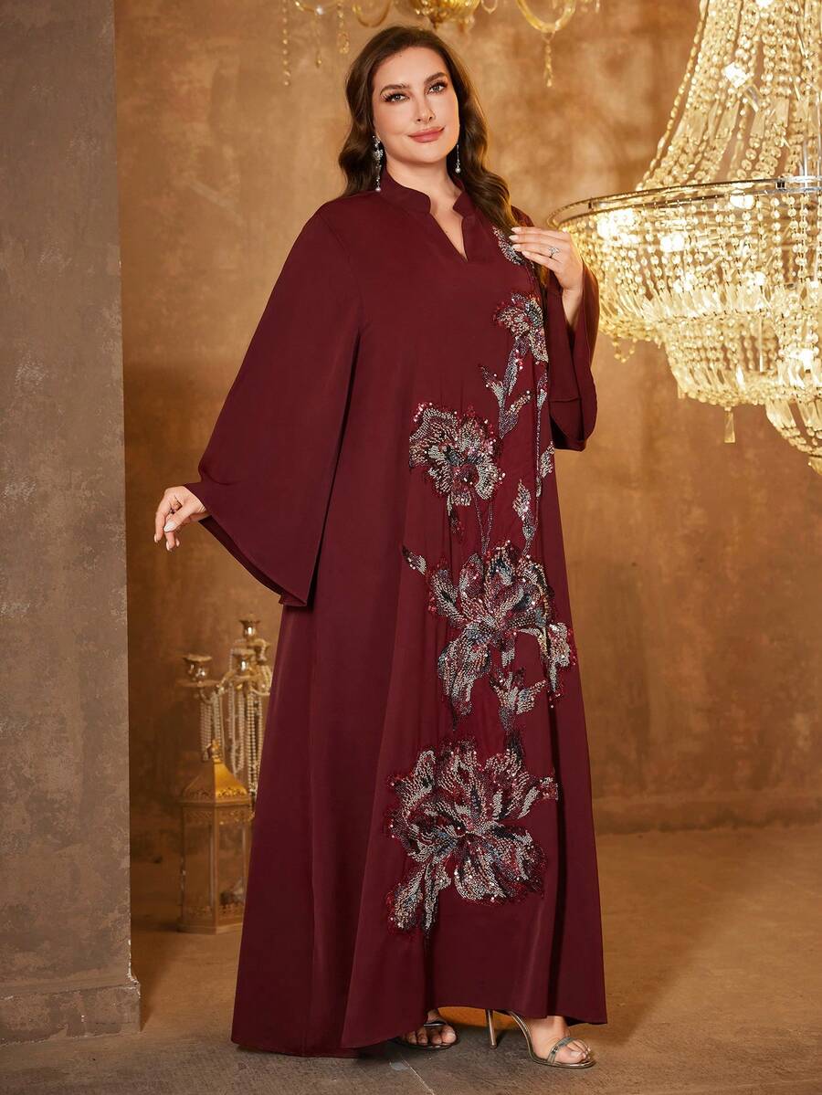 SUPGIR 大码女式圆领长袖亮片拼接缎面优雅晚礼服 春季 - 酒紅色 - 查看 1