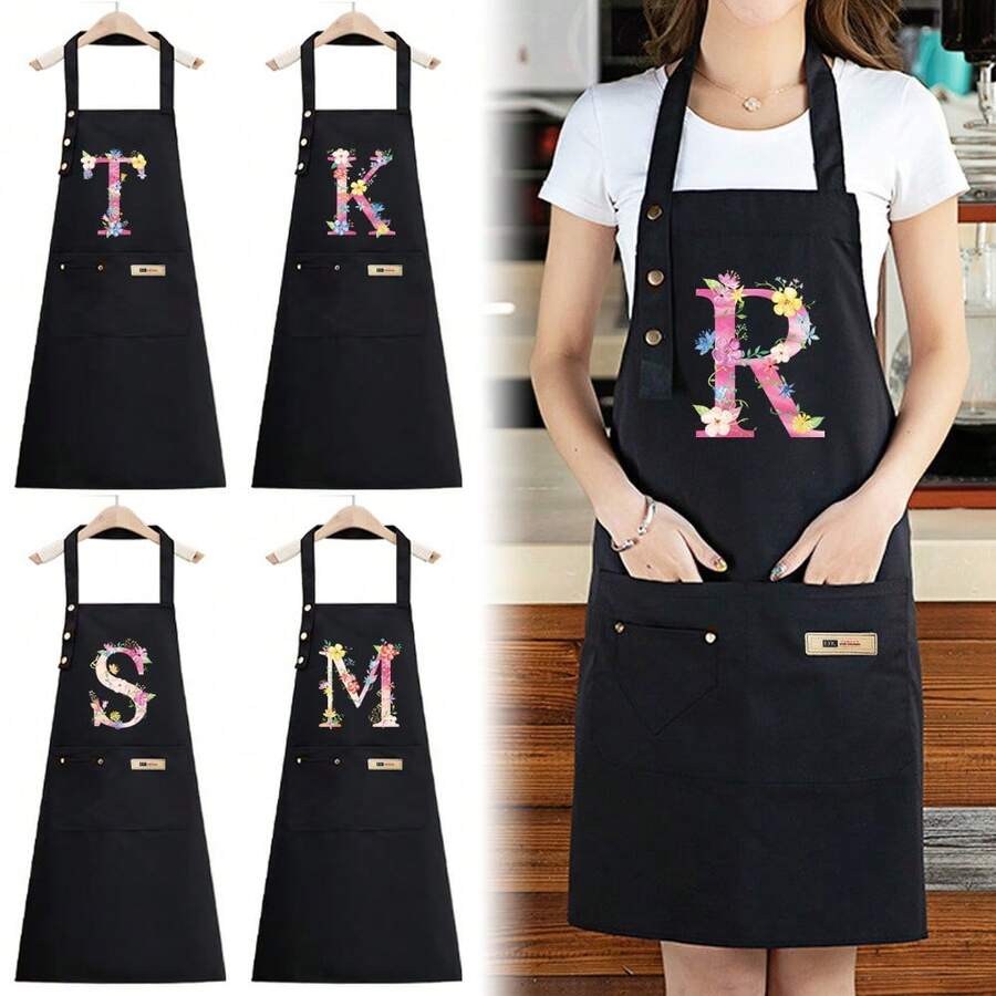 Fun Floral Letter Design Adjustable Chef Apron - Durable Polyester Kitchen Apron With Practical Pockets, One Size Fits All For Cooking, BBQ, Grilling - Perfect Gift For Dad, Mom, Father's Day, Mother's Day, Thanksgiving, Bbq Essential Kitchenwear Functional Pocket Design - 黑色 - 查看 1