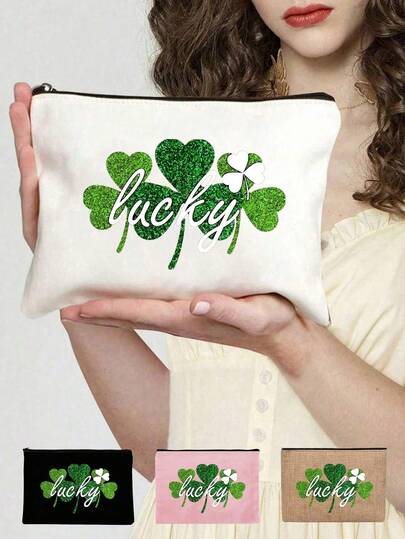 1pc Clover Canvas Cosmetic Gift Bag, Makeup Pouch, Zipper Cosmetic Bag With Pink Sequin Decor - Women's Lightweight Makeup Bag, Inspired By Witches And Wizards, Zipper Cosmetic Organizer Bag, Great Gift For Daughter, Travel Makeup Bag