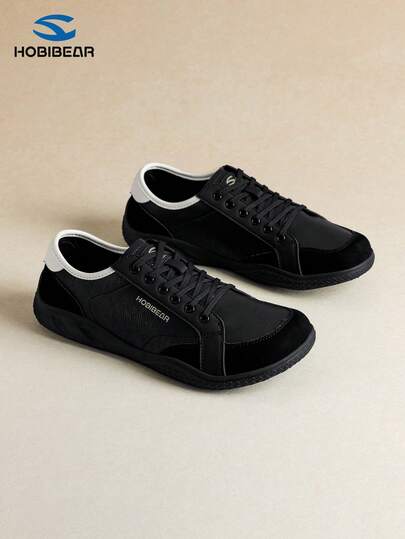 HOBIBEAR 新款时尚男士休闲运动鞋，宽楦黑色圆头低帮平底情侣鞋，适合健身、通勤、户外徒步、网球等场合。