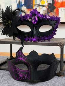 Couple Masquerade Ball Mask Set, Elegant Venetian Party Mask For Christmas, Halloween, Carnival Costume Party, Romantic Glitter Black & Purple Mask For Men And Women - Black and Purple - View 12