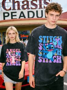 Disney Stitch And Angel Letter Print Couple Vintage Washed T-Shirts 180g Washed Cotton Mickey And Minnie Flower Bouquet Loose Short-Sleeved Couple's Outfit - 黑色 2 - 查看 1