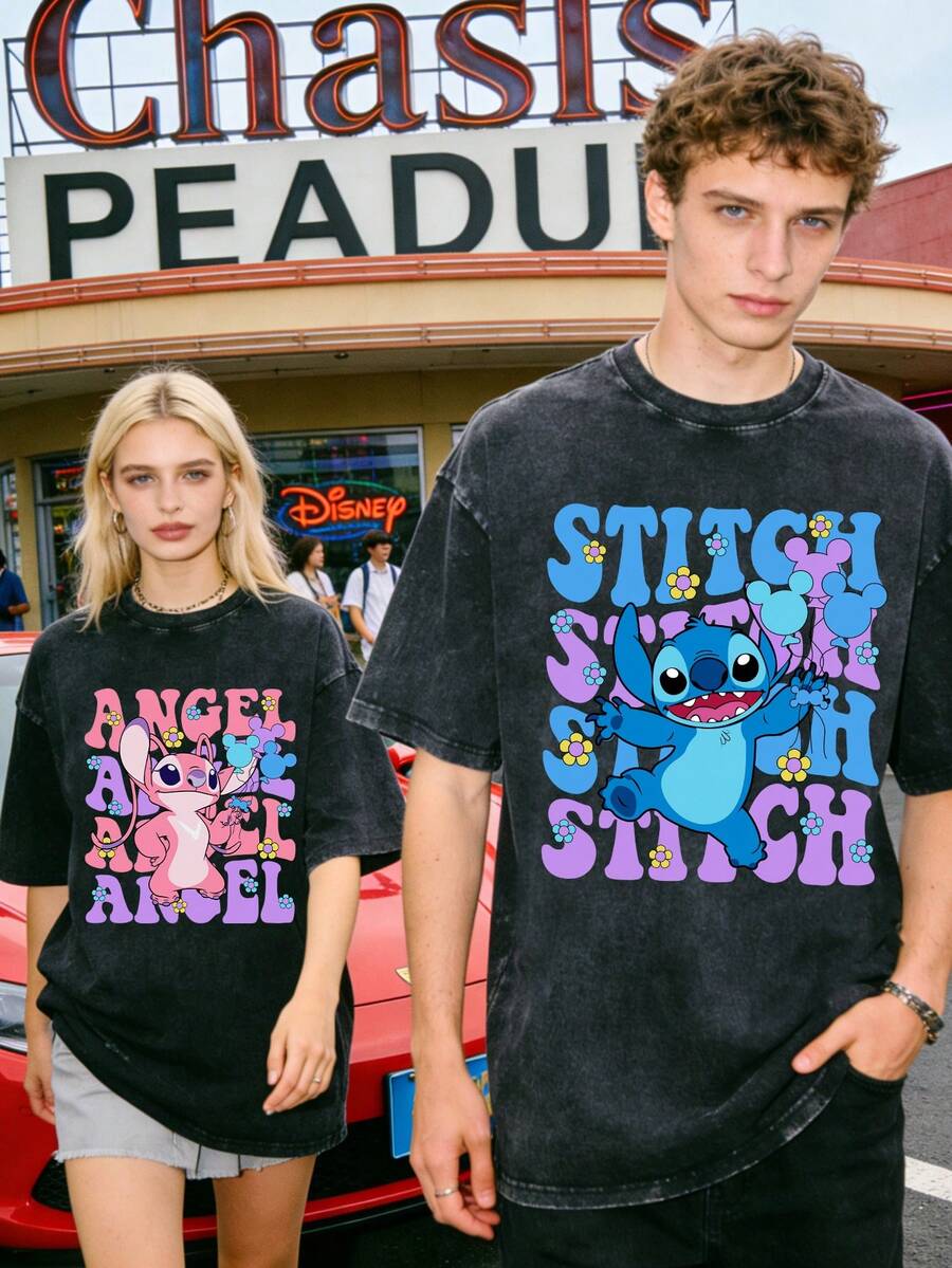 Disney Stitch And Angel Letter Print Couple Vintage Washed T-Shirts 180g Washed Cotton Mickey And Minnie Flower Bouquet Loose Short-Sleeved Couple's Outfit - 黑色 2 - 查看 1