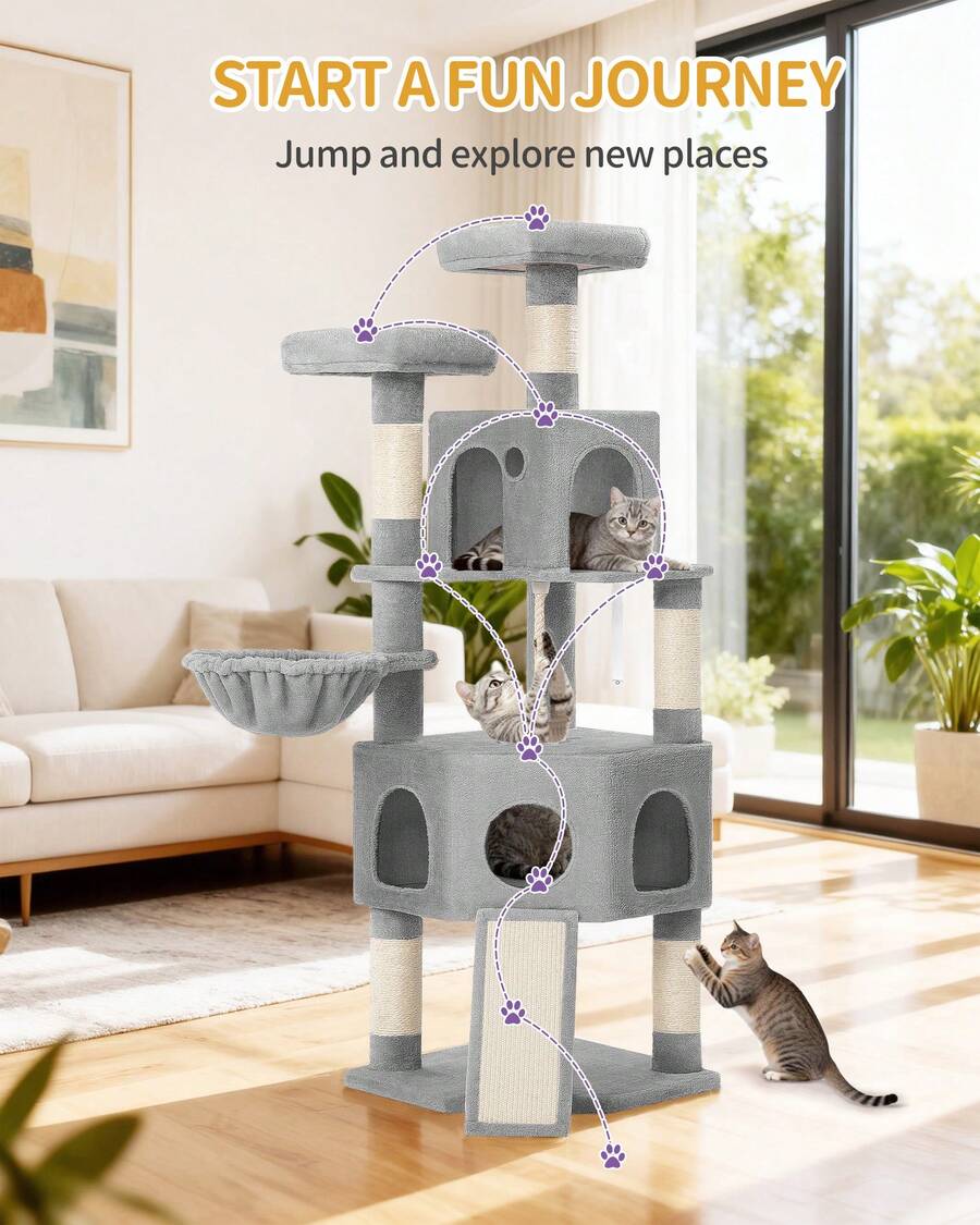 HaluPeit Cat Tree, 174cm, XL, 2 Platforms, 2 Caves, 4 Scratching Posts, 1 Cat Scratching Board, Sisal Rope, Plush Balls, Cat Tree For Multi-Cat Households - Light Grey - View 1