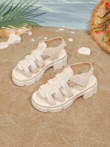 1双儿童新款白色罗马凉鞋，高品质闪亮PU材质，星形图案，厚底，魔术贴搭扣，时尚百搭，适合2-15岁男孩女孩学生夏季郊游假期穿着 - 白色 - 查看 2