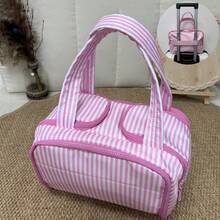 Checkered Toiletry Bag,Large Capacity Water-Proof Plaid Cosmetic Bag,Women Multi-Partitions Makeup Bag,Dust-Proof Wide-Open Puffy Organizers For Travel Accessories , Portable Travel Bag With Strap For Putting On Suitcase - 條紋-亮粉紅色 - 查看 9