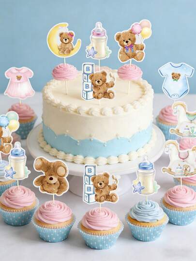 12Pcs Teddy Bear Cake Toppers For Shower Gender Reveal Party Decorations, Blue Pink Watercolor Bear Cupcake Picks For Birthday Celebration