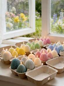 1个复活节彩蛋和兔子蜡烛模具（折耳彩蛋兔子/条纹兔子+条纹/波浪彩蛋），可重复使用，适用于石膏/树脂/混凝土，DIY复活节装饰品家居装饰工艺品制作 - A - 查看 1