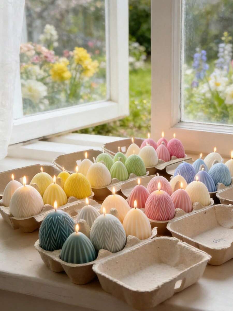 1个复活节彩蛋和兔子蜡烛模具（折耳彩蛋兔子/条纹兔子+条纹/波浪彩蛋），可重复使用，适用于石膏/树脂/混凝土，DIY复活节装饰品家居装饰工艺品制作 - A - 查看 1