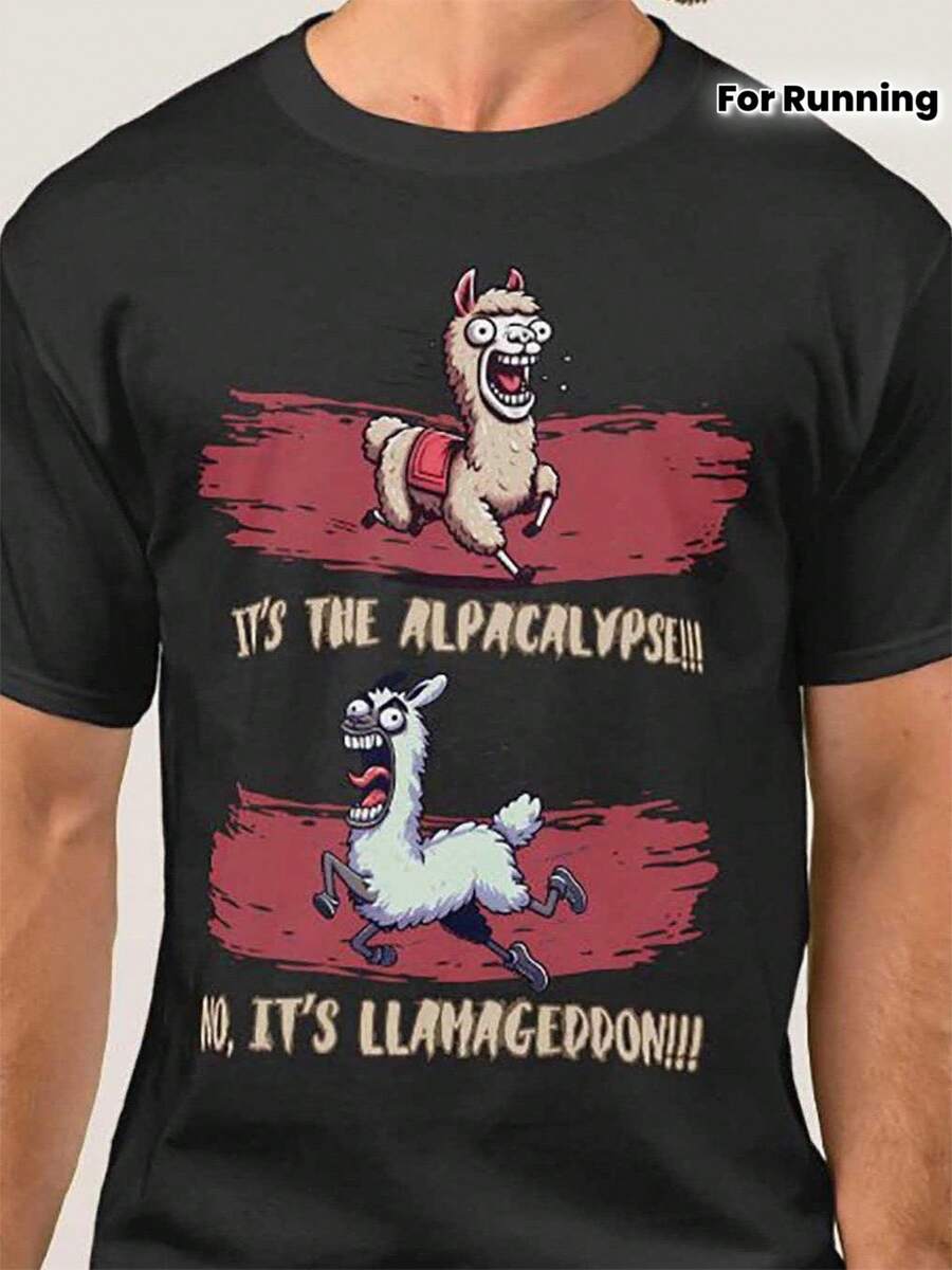 Camiseta Divertida Apocalipsis de Alpaca - "¡Es el Día del Juicio de Alpaca!!"Camiseta gráfica Running Llama - Camisa casual negra para & - Ropa coleccionable de humor de verano - Negro - Ver 1