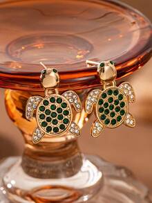 2件套女士时尚夏季可爱休闲沙滩海龟锆石耳钉，婚礼订婚派对珠宝礼物 - 金色 - 查看 2