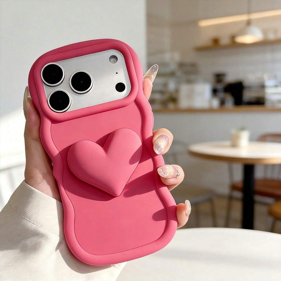1pc Big Wave Dopamine Ins Heart Phone Case Compatible With IPhone 17 Promax/ Note 14 4G/Galaxy A56/ Hot 30/ Moto E30/Smart 7, Smart 8/Honor X7, X8, X8A, X8B, X8C - Hot Pink - View 1