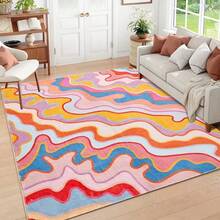 1 pieza Alfombra ondulada con degradado de dopamina, alfombra de colores fluidos para sala de estar y dormitorio, material de lana sintética, alfombra decorativa, decoración de dormitorio, alfombra pequeña, alfombra, decoración del hogar, alfombra de sala de estar, alfombra pequeña de sala de estar, alfombra de dormitorio, decoración del hogar de sala de estar, alfombra de exterior, alfombra lavable - Multicolor - Ver 2