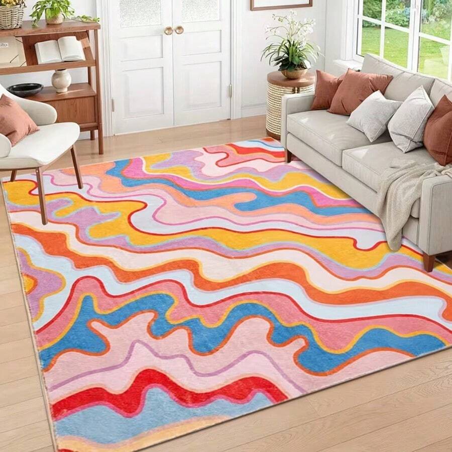 1 pieza Alfombra ondulada con degradado de dopamina, alfombra de colores fluidos para sala de estar y dormitorio, material de lana sintética, alfombra decorativa, decoración de dormitorio, alfombra pequeña, alfombra, decoración del hogar, alfombra de sala de estar, alfombra pequeña de sala de estar, alfombra de dormitorio, decoración del hogar de sala de estar, alfombra de exterior, alfombra lavable