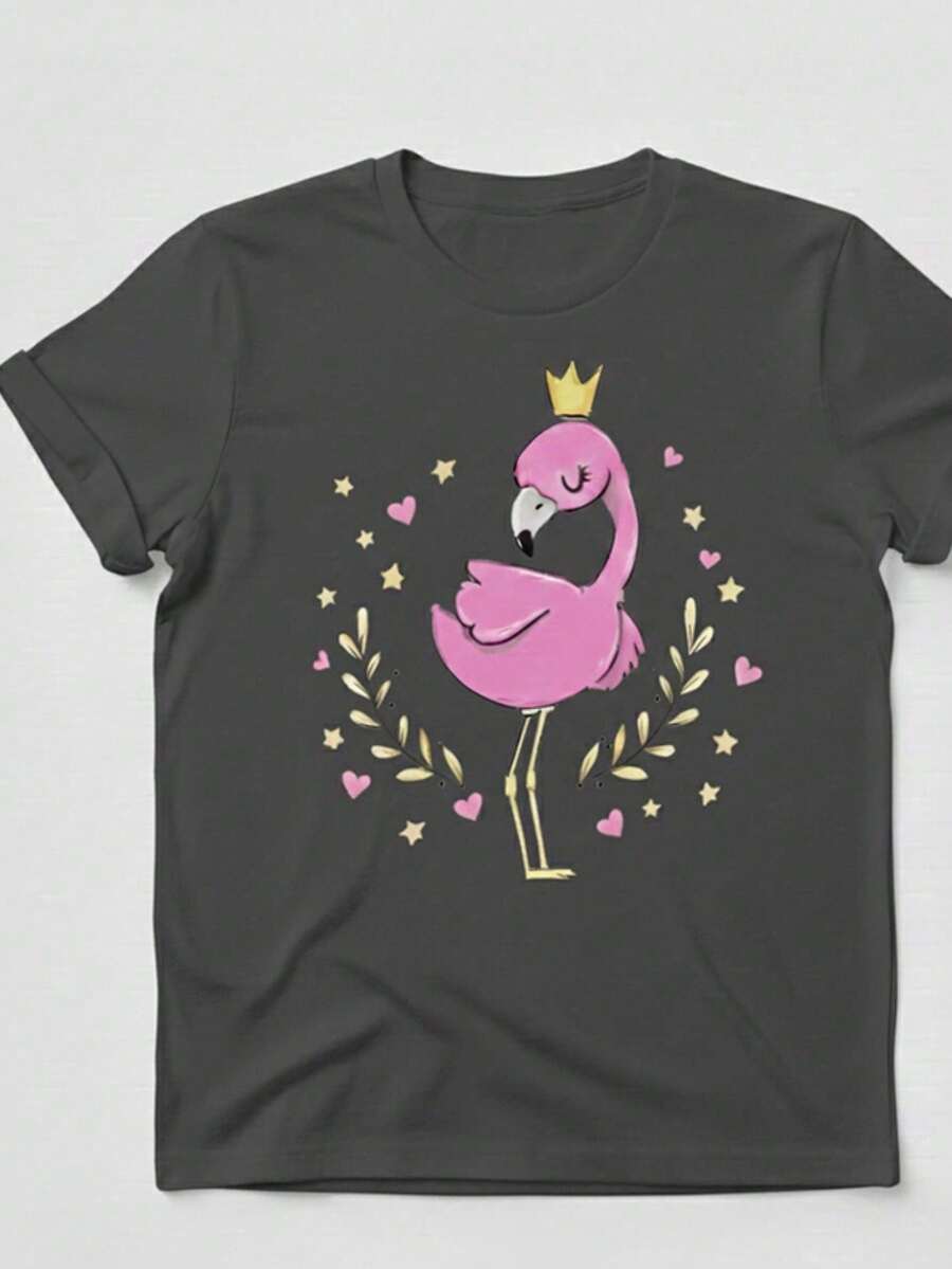 Stylish Women's T-Shirt With Flamingo And Crown Print - New Release - 100% Cotton T-Shirt - Loose, Oversized, Plus Size - GM MODAS - 深灰色 - 查看 1