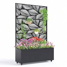 Metal Planter Box With Trellis,Raised Garden Bed With Privacy Screen And Drainage Holes Idea For Climbing Plants, Vegetables & Vines - 樺樹葉圖案帶輪子 - 查看 1