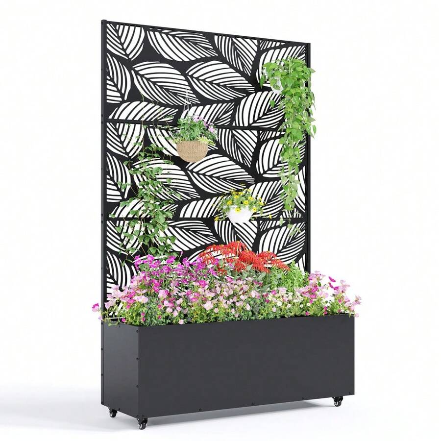 Metal Planter Box With Trellis,Raised Garden Bed With Privacy Screen And Drainage Holes Idea For Climbing Plants, Vegetables & Vines - 樺樹葉圖案帶輪子 - 查看 1