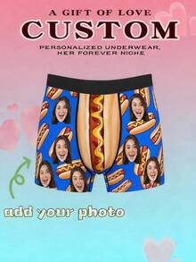 1 pièce Caleçon boxeur personnalisé pour homme avec imprimé visage et hot-dog drôle. Sous-vêtements personnalisés avec photo, cadeau humoristique pour petit ami. - Bleu azur - Voir 3