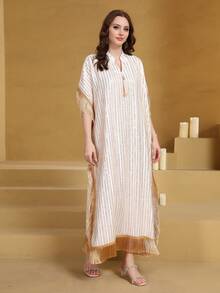 2026 New Style Ramadan Traditional Elegant Dress, V-Neck Jalabiya With Tassels, Embroidered Gold Beaded Flowing Dress - Beige - View 8