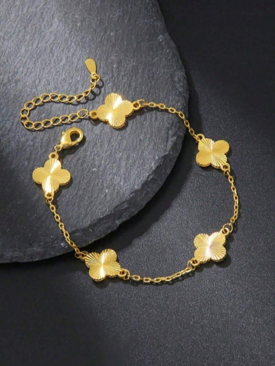 1pc Laser Clover Bracelet, Light Luxury, High Grade Handmade Bracelet For Women - Gold - View 1