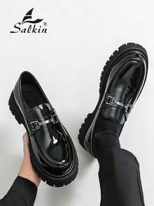 Salkin 新款英倫風設計男士粗齒厚底樂福鞋，平價奢華厚底一腳蹬樂福鞋，柔軟舒適圓頭優雅正式皮鞋，紳士商務漆皮亮面黑色純色鞋面，日常休閒鞋，適合情侶約會出遊，百搭派對宴會婚禮度假禮物，四季款男鞋，建議選擇大一號 - 漆皮黑 - 查看 2
