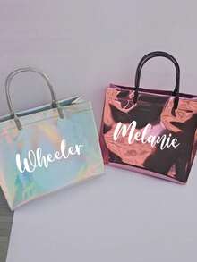 Personalized Rainbow Gradient Glitter Gift Bag, Customizable Name Text, Multi-Color Shiny, Suitable For Valentine's Day, Wedding, Birthday, Party, Durable Plastic Tote Bag With Name Tag - Multicolor - View 3