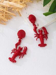 1 Pair Fashionable Summer Earrings, Geometric Crab & Shell Design, Versatile Beach & Daily Wear For Women - Red - View 5