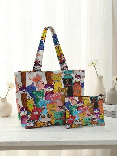 Large Capacity Cat Pattern Canvas Tote Bag, Zipper Closure, Multiple Side Pockets, Shoulder Strap, Suitable For Carrying Laptop, Books, Lightweight, Super Practical, Perfect Gift For Work, Commute, Back To School, Valentine's Day, Mother's Day