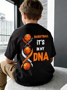 1pc Basketball Graphic Print Short Sleeve T-Shirt, Tween Boy Casual Summer - Black - View 1