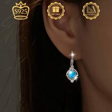 Bông tai nữ bằng bạc 925 kiểu cổ điển họa tiết hoa, đính đá ngọc lam, chế tác tinh xảo, thích hợp đeo hàng ngày và dự tiệc, quà tặng cho gia đình, bạn bè, ngày Valentine, sinh nhật, kèm hộp quà. - Màu Bạc Cổ - Xem 7