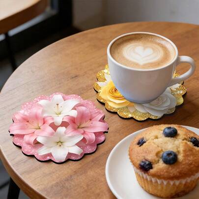 4/12/100pcsBeautiful Floral Patterned Wavy Wooden Non-Slip Coaster, Heat-Resistant Tabletop Protector For Kitchens And Restaurants, Suitable For Party Decorations, And A Housewarming Gift.