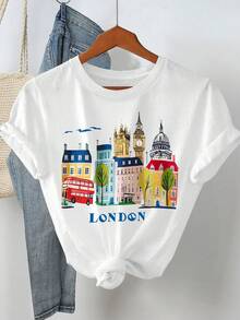 伦敦之家印花圆领女式白色休闲短袖T恤 - 白色 - 查看 1