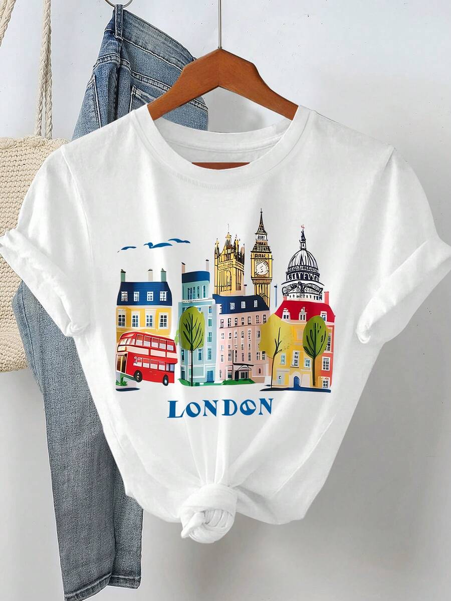 伦敦之家印花圆领女式白色休闲短袖T恤 - 白色 - 查看 1