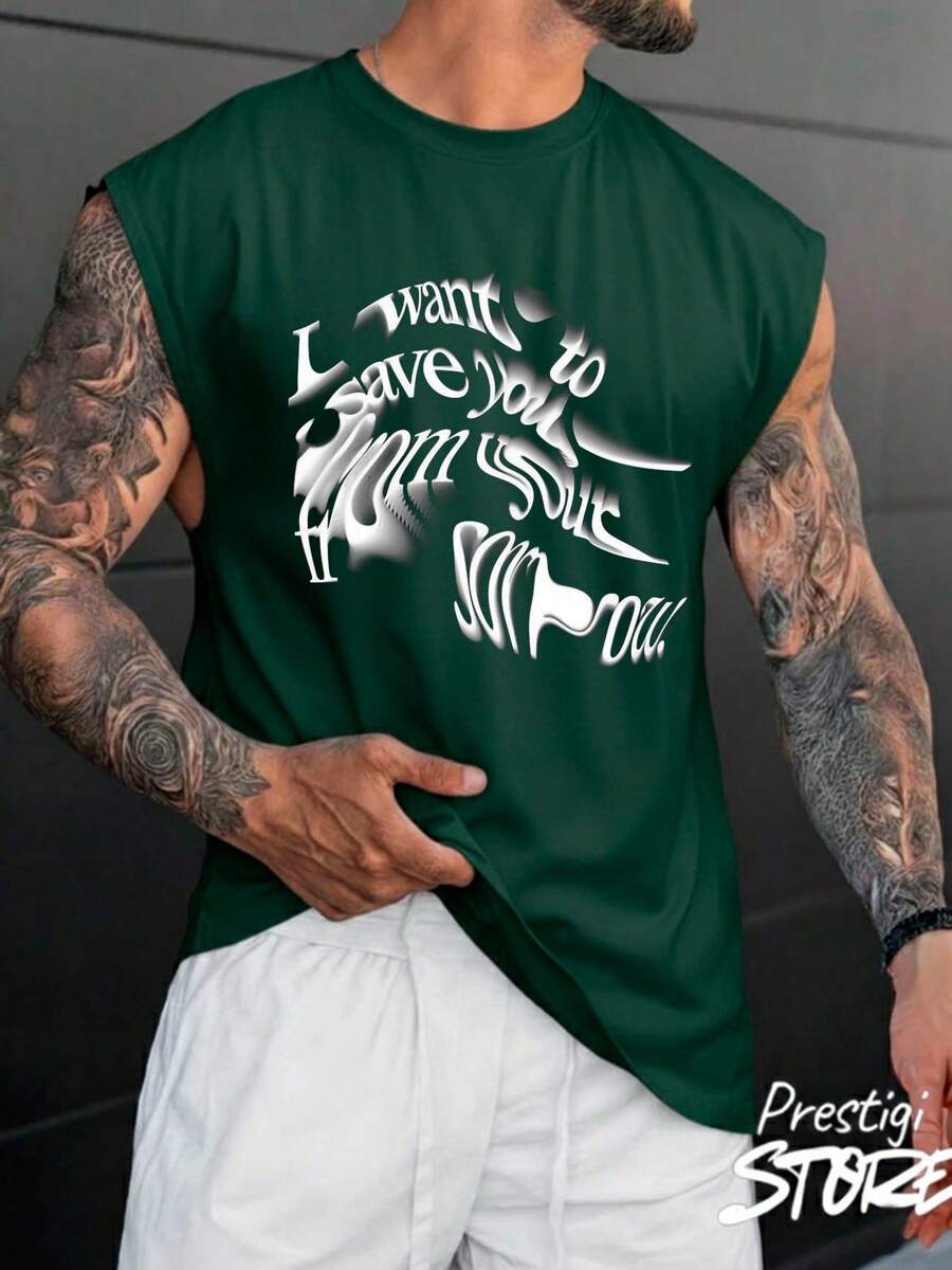 Men's Tank Top To Save You 100% Cotton Crew Neck Comfortable Streetwear Casual Summer Breathable Gym Fitness - 綠色 - 查看 1